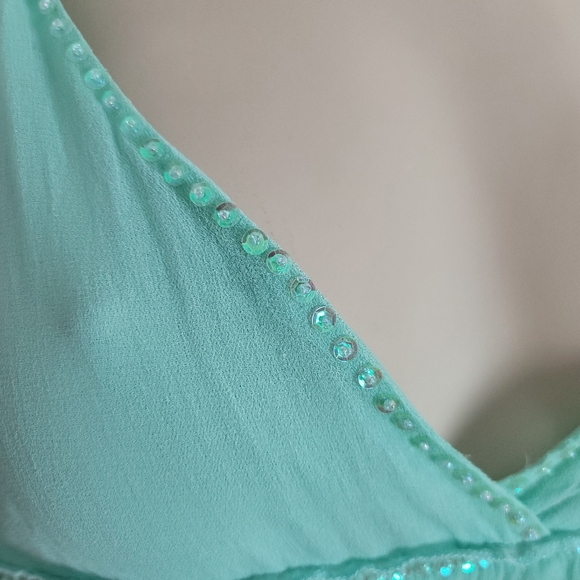 Y2K beaded silk blend mint green top asymmetric hem. - Picture 14 of 15